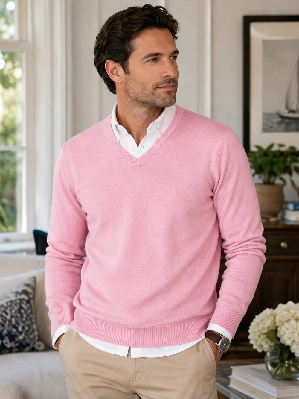 Brooks Brothers Mens L Supima Cotton Sweater Pink V Neck Pullover Preppy